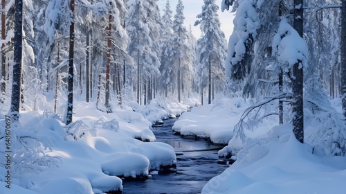 Winter excursion by stream in snow secured woodland in Oulanka National Stop in Lapland Finland