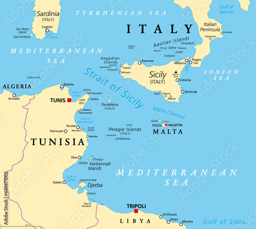 Strait of Sicily, political map. Also known as Sicilian Channel. A strait, located in the Mediterranean Sea, between Tunisia and Sicily, Italy. With Pantelleria, and with Aegadian and Pelagie Islands. photo