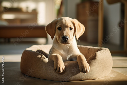 Cute Labrador retriever sitting on the white bed in a light home interior. Ai generative. © Prime Lens