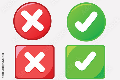 Realistic right and wrong 3D Button. A set of glossy round icons with a check mark, a sign of the cross. 3d minimalist style. Symbols of acceptance, rejection and attention. Vector illustration