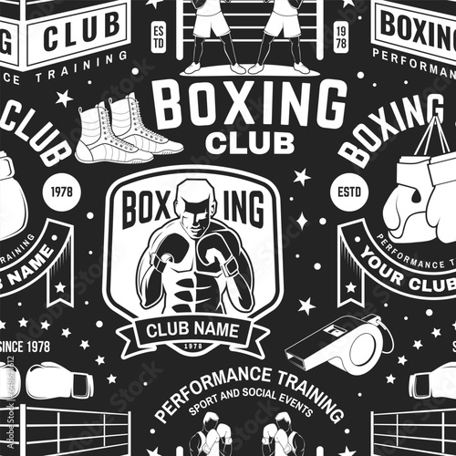 Boxing club seamless pattern. Vector. Background with Boxing sport club emblem, sign, patch. Concept for background or wallpaper with Boxer, gloves, boxing jump rope and shoes silhouette