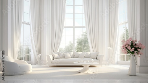 a modern white living room interior. Showcase the beauty of the room with large, billowing curtains on the window that bring in soft natural light.