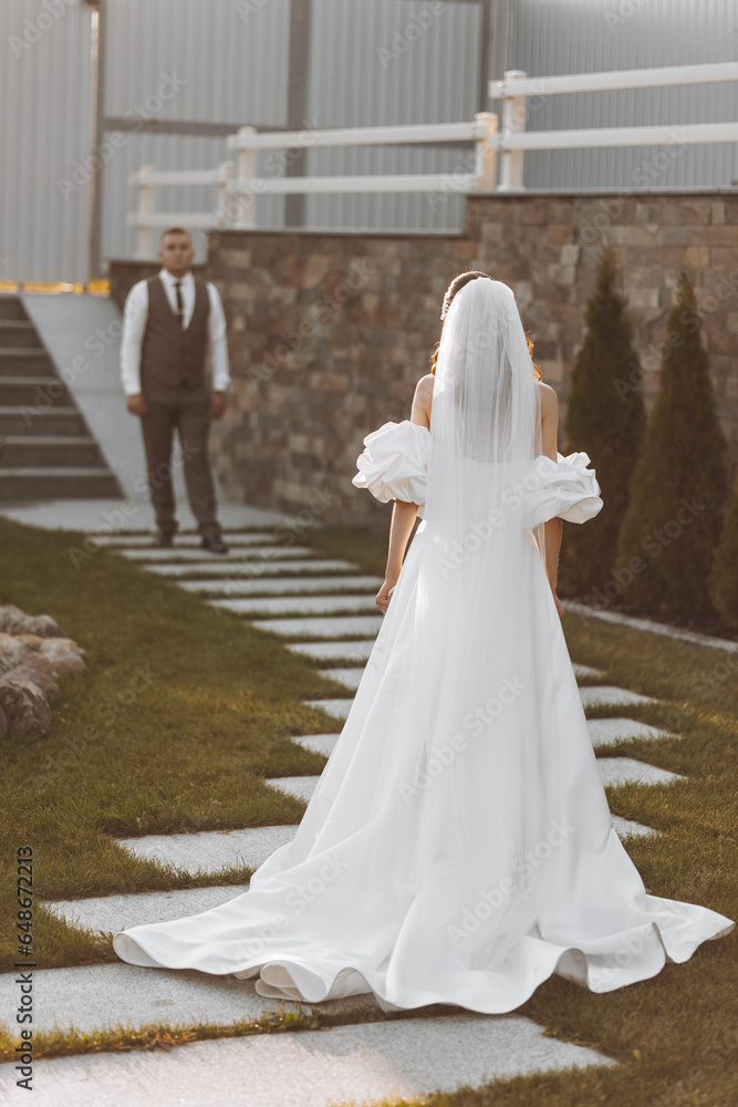 The bride and groom leave after the wedding ceremony in a beautiful place. A happy bride in a long wedding dress goes to meet the groom. Wedding day. The bride and groom leave after the wedding ceremony in a beautiful place. A happy bride in a long wedding dress goes to meet the groom. Wedding day.
