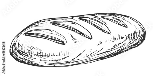 Engraving style bread. Sketch style bakery. Hand drawn black and white loaf of bread with hatching