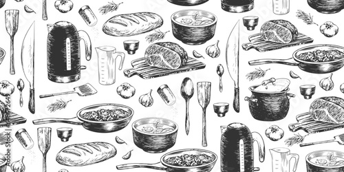 Seamless pattern with kitchen utensils for cooking. Hand drawn kettle, spoons, knife, spatula, pot, frying pan, measuring cup, roast beef on cutting board isolated on white background. Illustration