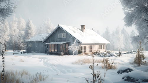 simple scandinavian house in snowy landscape