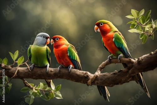 love birds sitting on the tree branch 