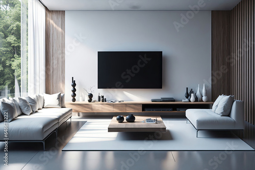 Minimalist Boho interior design  home decor of modern living room Rustic, Scandinavian interior style, 3d render. © aitricho