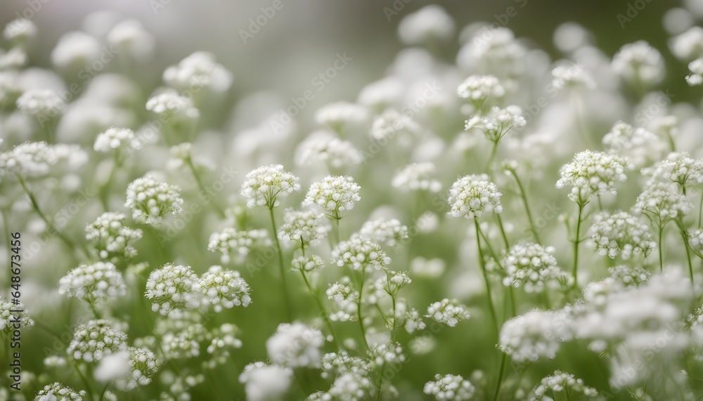 Background with tiny white flowers (gypsophila paniculata), blurred, selective focus.