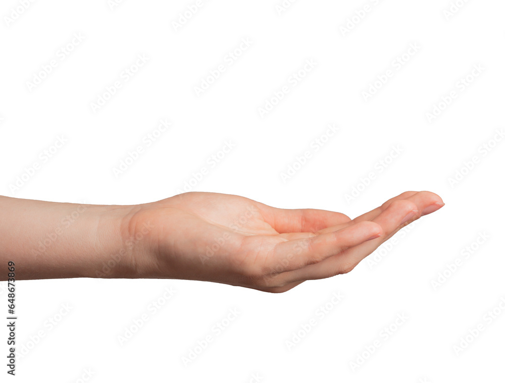 Hand palm stretched, holding and showing something, isolated on white - obrazy, fototapety, plakaty 