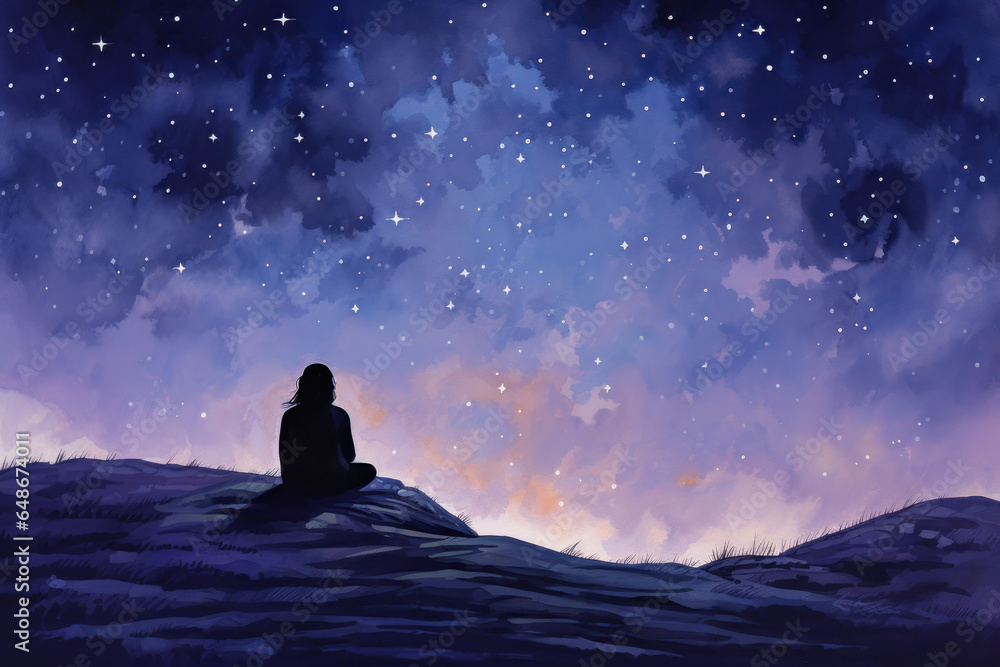 color block digital illustration of a person from the back sitting under a night sky with stars in nature mindfulness/wish In a textured hand drawn style for focus/concentration/productivity
