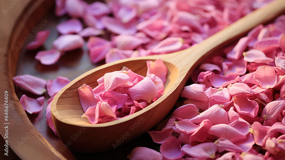 A simple wooden spoon surrounded by dry rose petals. Creative concept for cosmetics with rose extract, rose oil. Backdrop for natural cosmetics products.  - obrazy, fototapety, plakaty 