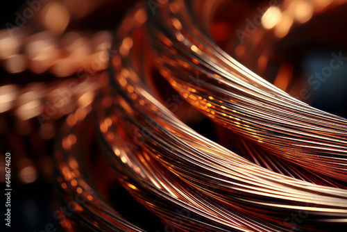 A copper wire coil with a shiny surface and a dark background, creating a contrast of light and shadow photo