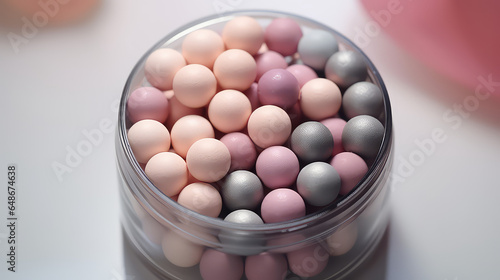 Cosmetic powder in the shape of balls, top view, on flat background with copy space. Creative powder in the form of multicolored pastel balls for the face.
