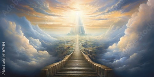 A Man s Journey on the Canvas of the Path to Heaven  Ascending the Stairway to Heavenly Realms  Symbolizing a Spiritual Quest and Divine Ascent in the Pursuit of Enlightenment