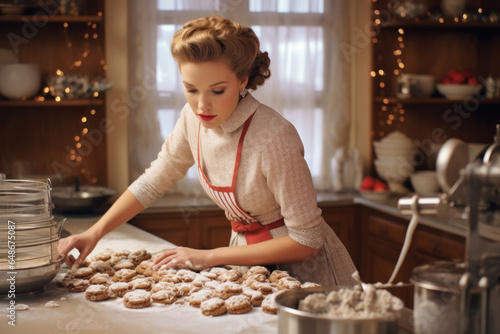  portrait of a young woman standing in a festive christmas kitchen baking/decorating treats/cookies/gingerbread  for celebration in cinematic editorial magazine film look brown hair caucasian