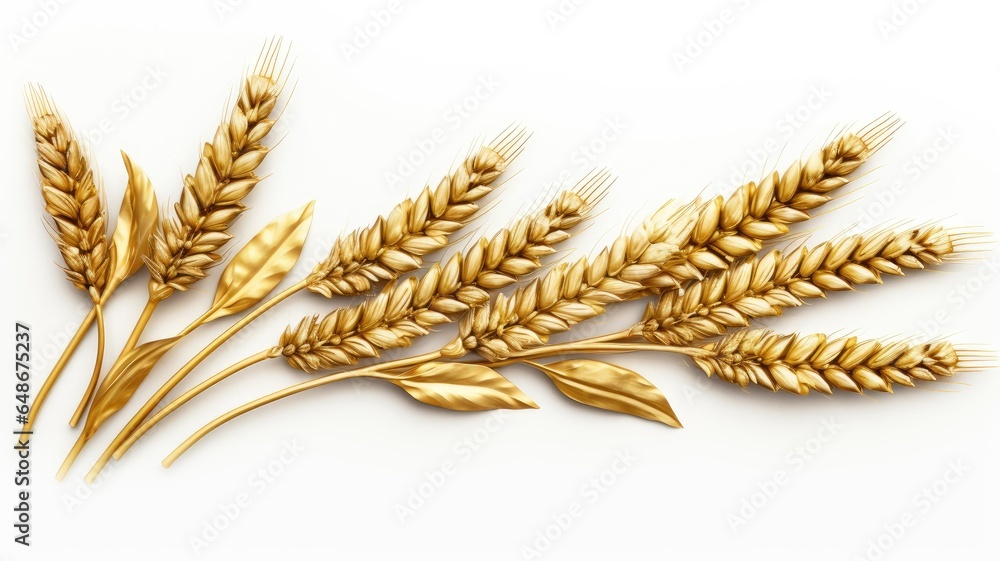 a bunch of golden wheat ears arranged neatly against a pristine white background. The composition should emphasize the natural beauty of the wheat. a bunch of golden wheat ears arranged neatly against a pristine white background. The composition should emphasize the natural beauty of the wheat.