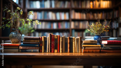 Lots of books on the table in front of the library shelves