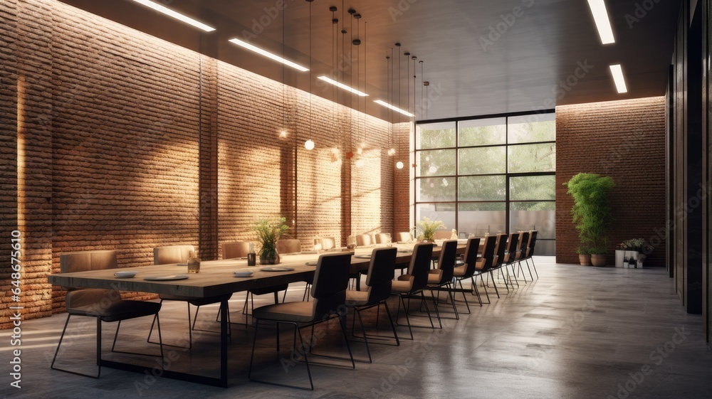 a spacious brick concrete hall in soft, light colors, illuminated by an array of stylish ceiling lamps. The hall should exude a modern industrial aesthetic, with a balance of warmth and minimalism. a spacious brick concrete hall in soft, light colors, illuminated by an array of stylish ceiling lamps. The hall should exude a modern industrial aesthetic, with a balance of warmth and minimalism.
