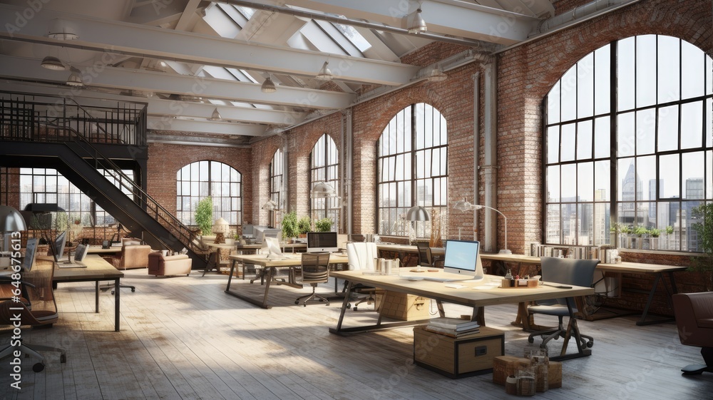 Fototapeta premium a spacious brick concrete hall in soft, light colors, illuminated by an array of stylish ceiling lamps. The hall should exude a modern industrial aesthetic, with a balance of warmth and minimalism.