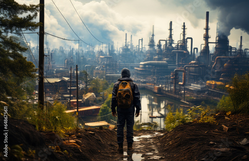 A man walking down a dirt road with a backpack. A man standing in front of a factory filled with fire © Vadim
