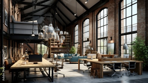 a spacious brick concrete hall in soft, light colors, illuminated by an array of stylish ceiling lamps. The hall should exude a modern industrial aesthetic, with a balance of warmth and minimalism.