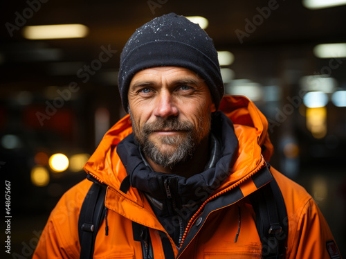 A man with a beard wearing an orange jacket © Vadim