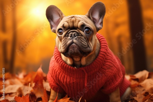 A French bulldog dog in a sweater sits in an autumn forest © Julia Jones