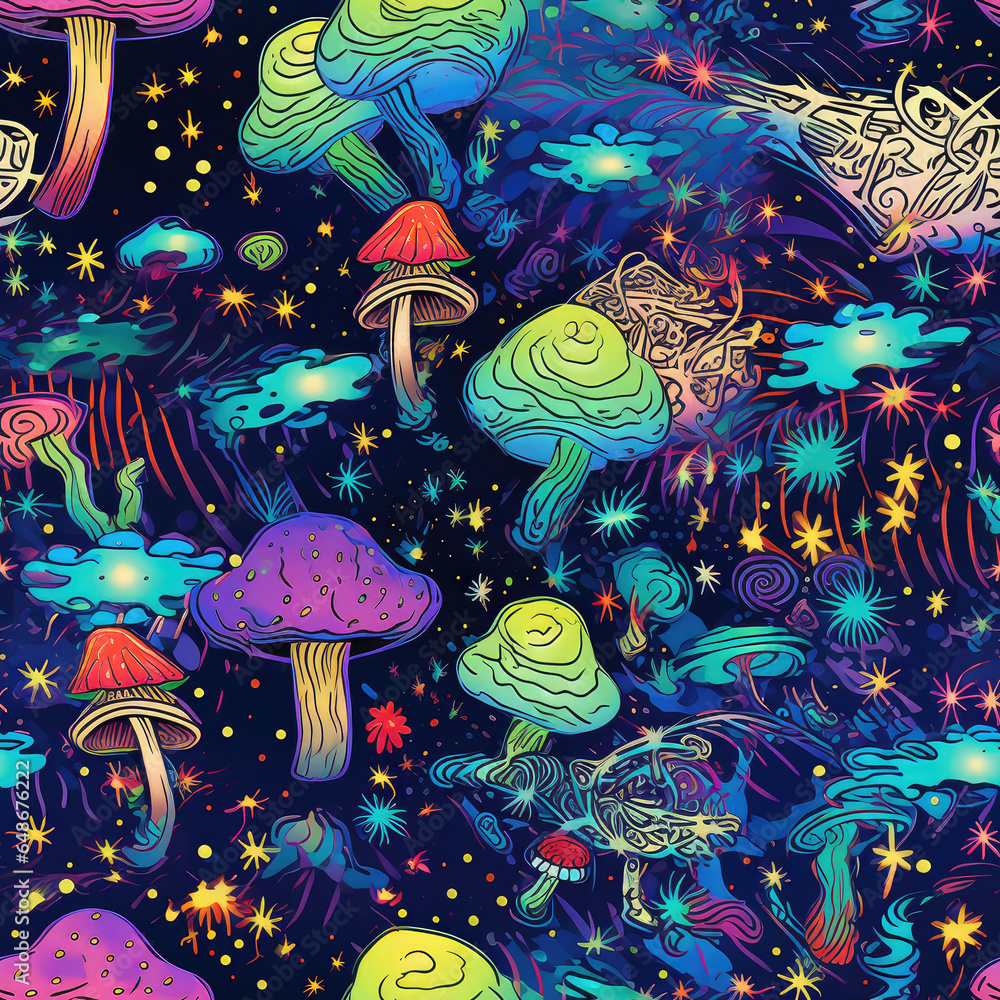 Fantasy magic mushrooms psychedelic starry night neon