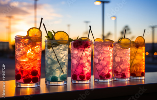 A row of colorful drinks sitting on top of a table. A vibrant display of colorful drinks on a table