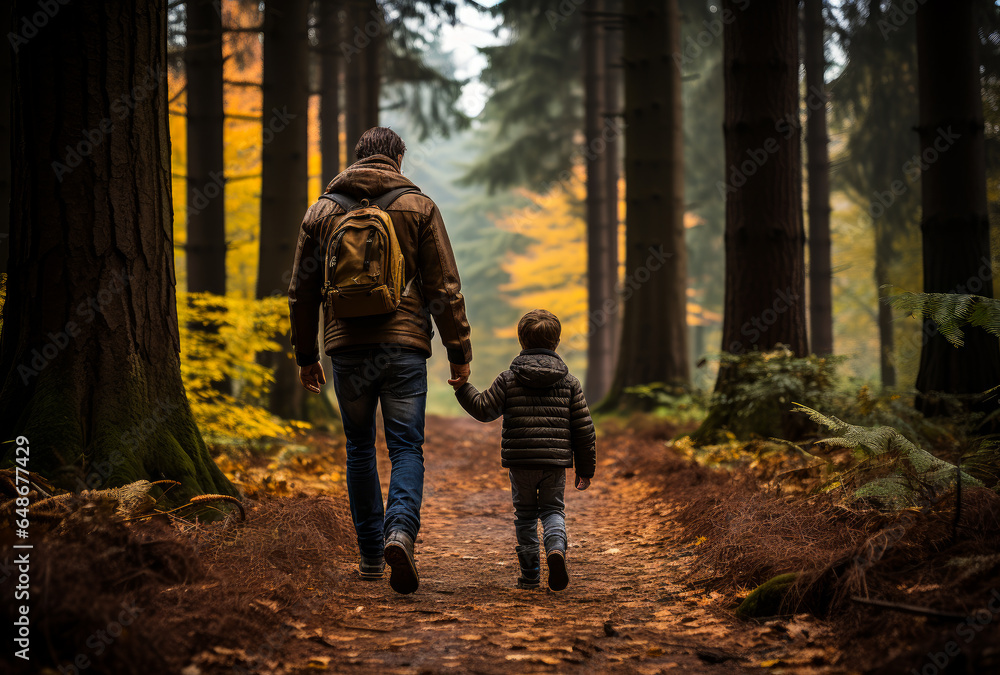 A father and son enjoying a peaceful walk in the beautiful woods. A father and son walking in the woods A father and son enjoying a peaceful walk in the beautiful woods. A father and son walking in the woods