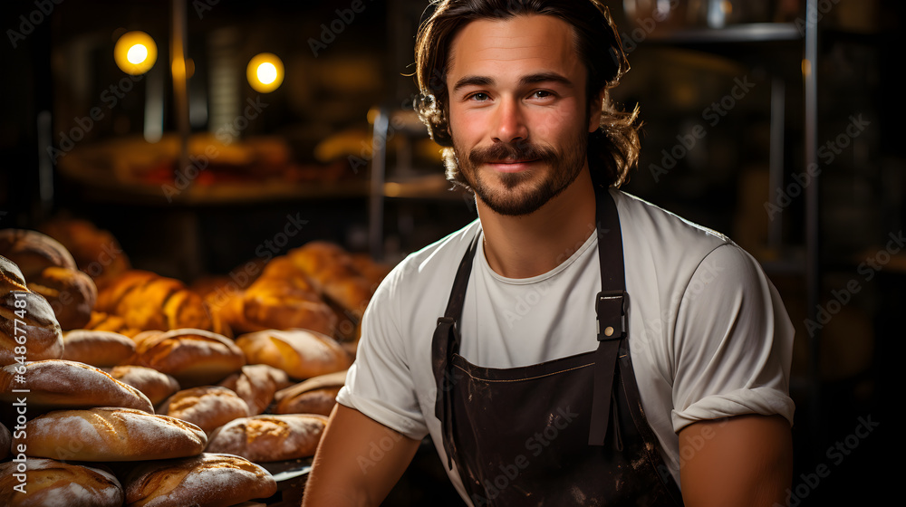 Handsome young baker on loaves background in bakery - obrazy, fototapety, plakaty 