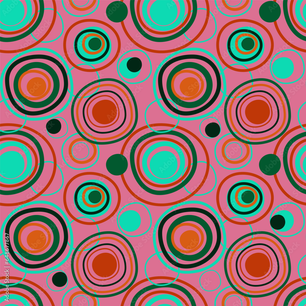 Hand drown vector pattern with circles elements, inspired by Sonia Delaunay. Seamless. Mint, orange, green color on the pink background. For prints, textiles, paper. 
