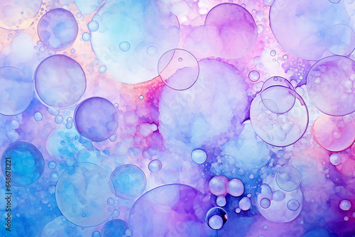 Whimsical soap bubbles drawn on watercolor paper in blue, purple, and violet tones © elenarostunova