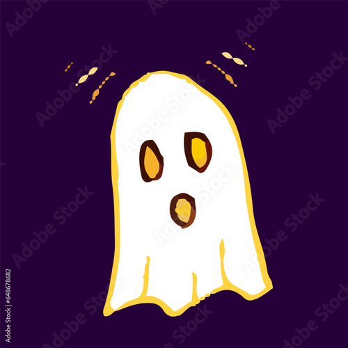 Vector scary face ghost on purple background. Halloween doodle icon. Terrible facial expressions.