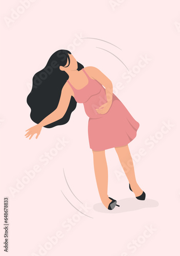 Pregnant woman in high heels walks and falls.