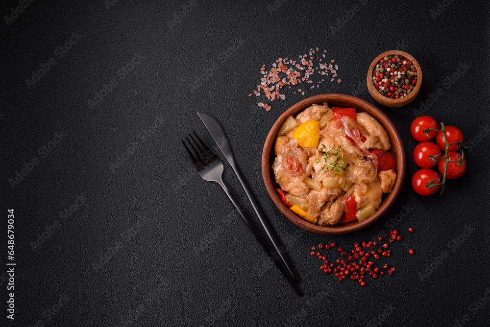 A delicious dish consisting of slices of chicken, sweet peppers and onions A delicious dish consisting of slices of chicken, sweet peppers and onions