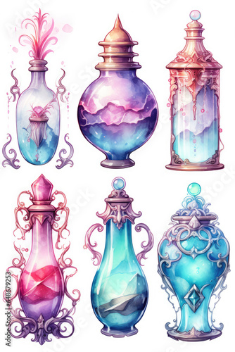 Group of magical potion bottles isolated on a white background