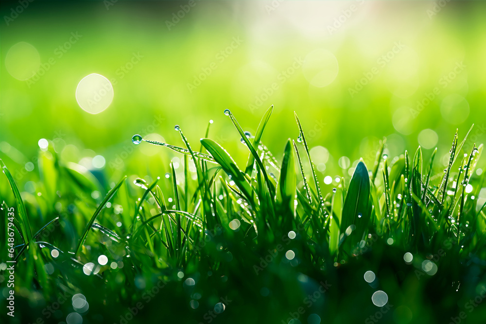 Background of green grass in the morning with raindrops and bokeh of morning sunlight