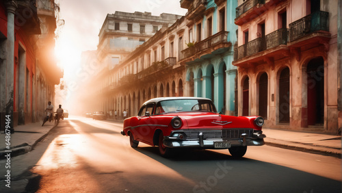 Red retro vintage oldtimer car in Havana like city. Extremely detailed and realistic high resolution concept design illustration © RobinsonIcious