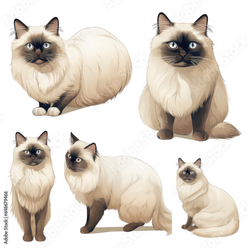 Set of Birman Cats Isolated On Transparent Background