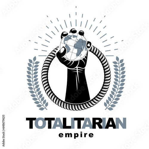 Vector logo composed using strong muscular raised arm surrounded by rope and holding Earth globe. Authority as the means of global control and manipulation.