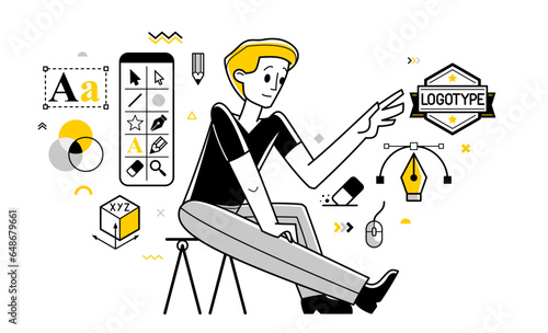 Graphic designer doing some creative job using computer software, digital visual artist working on a project vector outline illustration, composing and editing.