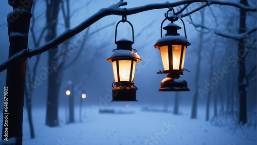 Latern glowing at snowy landscape in winter. Extremely detailed and high resolution concept design illustration photo