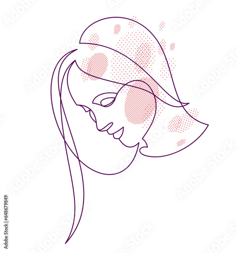 Beautiful face of attractive woman vector linear drawing, sensitive emotional line art adult girl portrait, feminine abstract face line art.