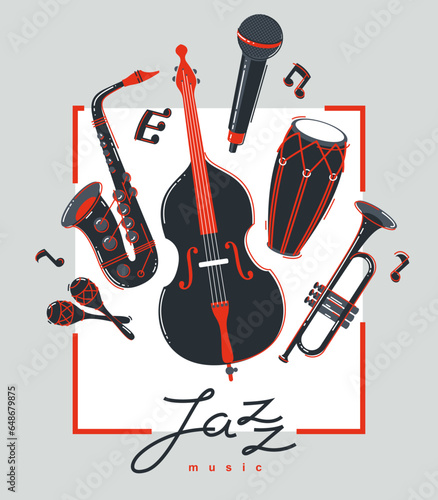 Jazz music band poster different instruments vector flat illustration, live sound festival or concert advertising flyer or banner, play different instruments orchestra.