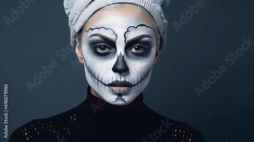 Female in Halloween hush A lady in beat cap and cranium make up
