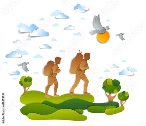 Young active couple hiking through meadows and fields with trees and birds in the summer sky. Boyfriend and girlfriend hikers having time of rest in nature, summer holidays, vector illustration.