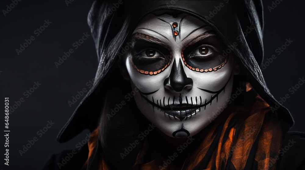 Female in Halloween hush A lady in beat cap and cranium make up Female in Halloween hush A lady in beat cap and cranium make up