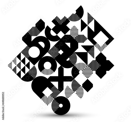 Geometric abstract black and white art, vector geometrical background with tiles of circles and other shapes, stripy texture modernism style linear motif, creative design.